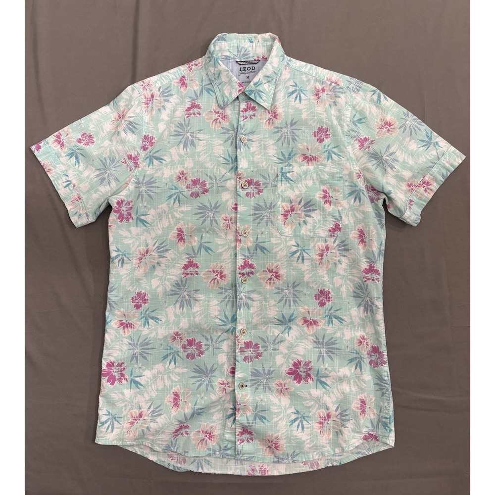 IZOD Saltwater Men M Mint Green Hawaiian Shirt Short Sleeve Tropical Yacht
